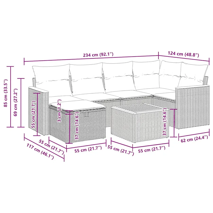 Salon de jardin 7 pcs avec coussins noir résine tressée 62 x 62 x 69 cm - 59,0 kg - 15