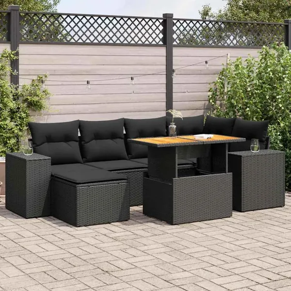 Salon de jardin 7 pcs avec coussins noir résine tressée 62 x 62 x 69 cm - 67,0 kg
