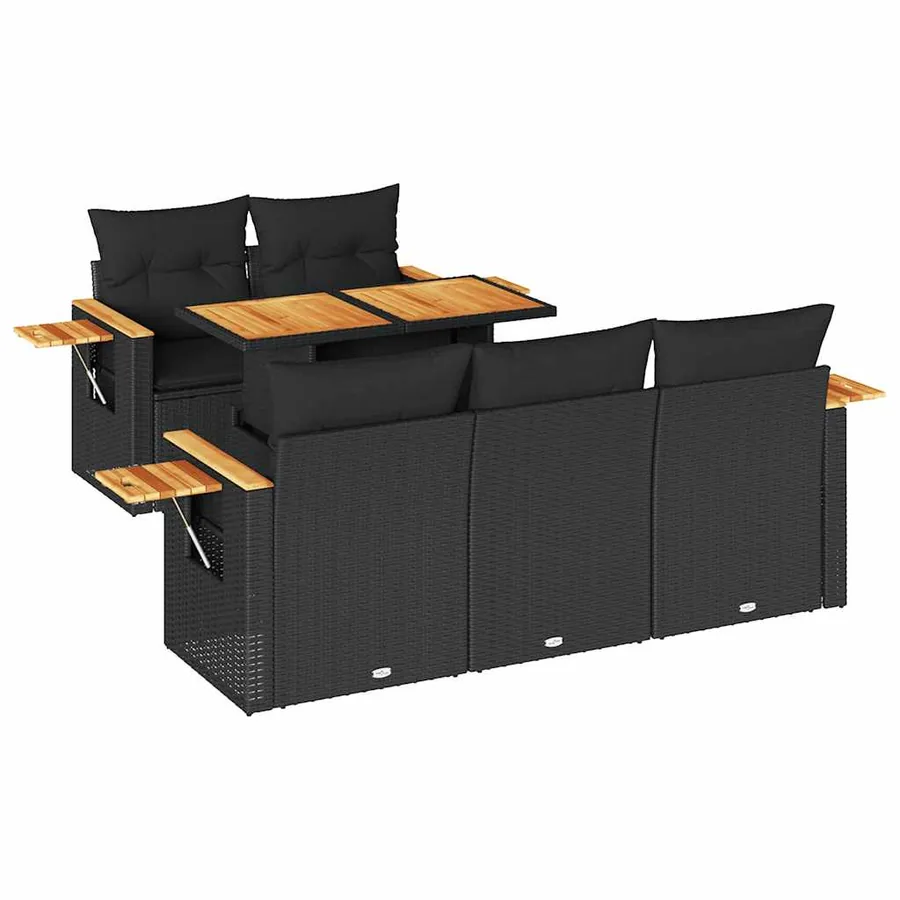 Salon de jardin 6 pcs avec coussins noir résine tressée acacia - 2