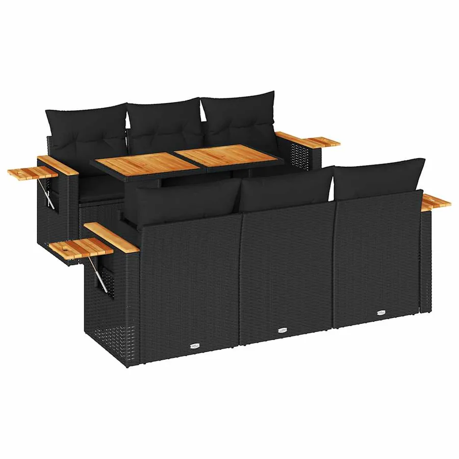 Salon de jardin avec coussins 7 pcs noir résine tressée acacia - 2