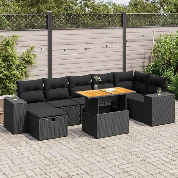 Salon de jardin 5 pcs avec coussins noir résine tressée acacia