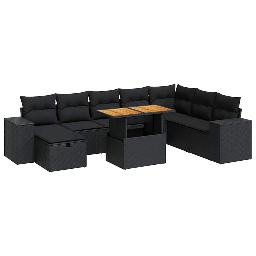 Salon de jardin avec coussins 9 pcs noir résine tressée acacia - 2