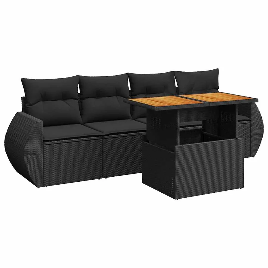 Salon de jardin 5 pcs avec coussins noir résine tressée - 2