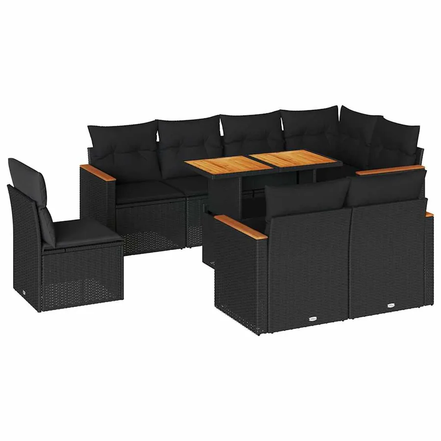 Salon de jardin avec coussins 9 pcs noir résine tressée acacia - 2