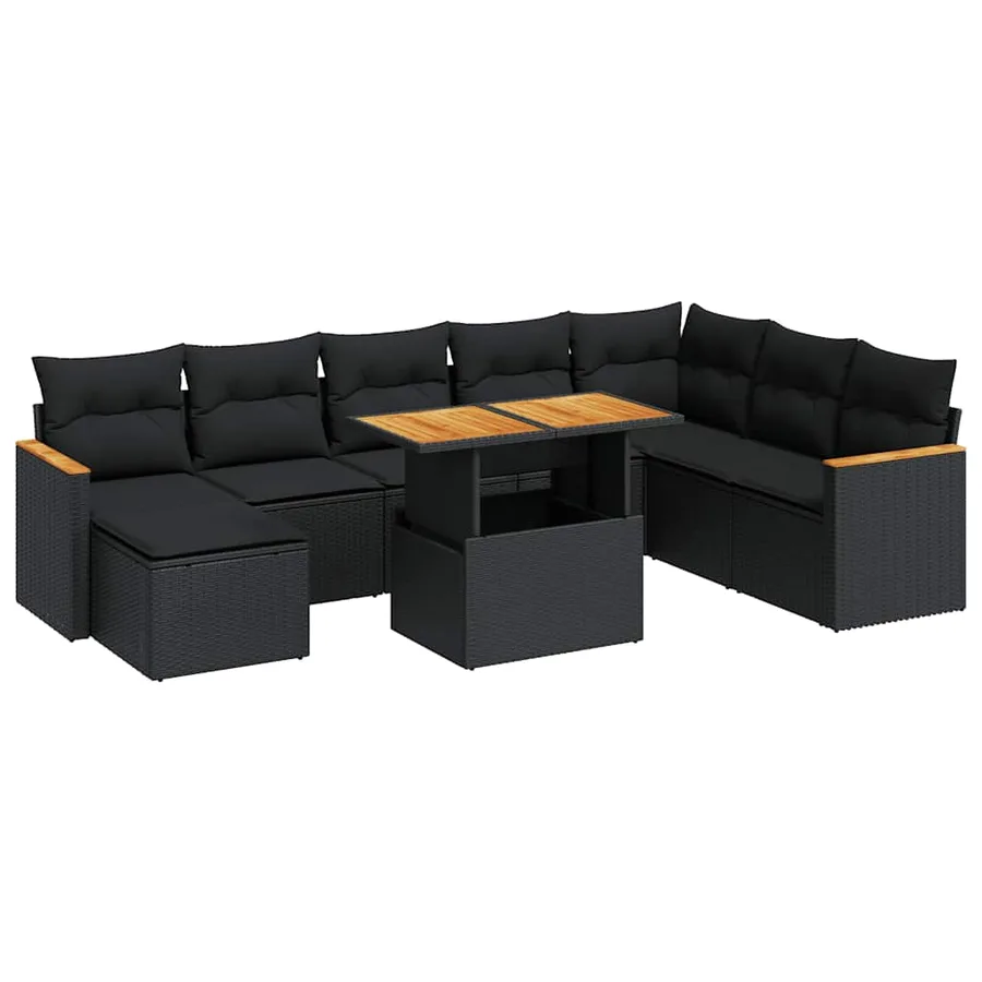 Salon de jardin avec coussins 9 pcs noir résine tressée acacia - 2