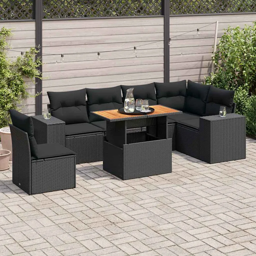 Salon de jardin 7 pcs avec coussins noir résine tressée 62 x 62 x 69 cm - 68,6 kg