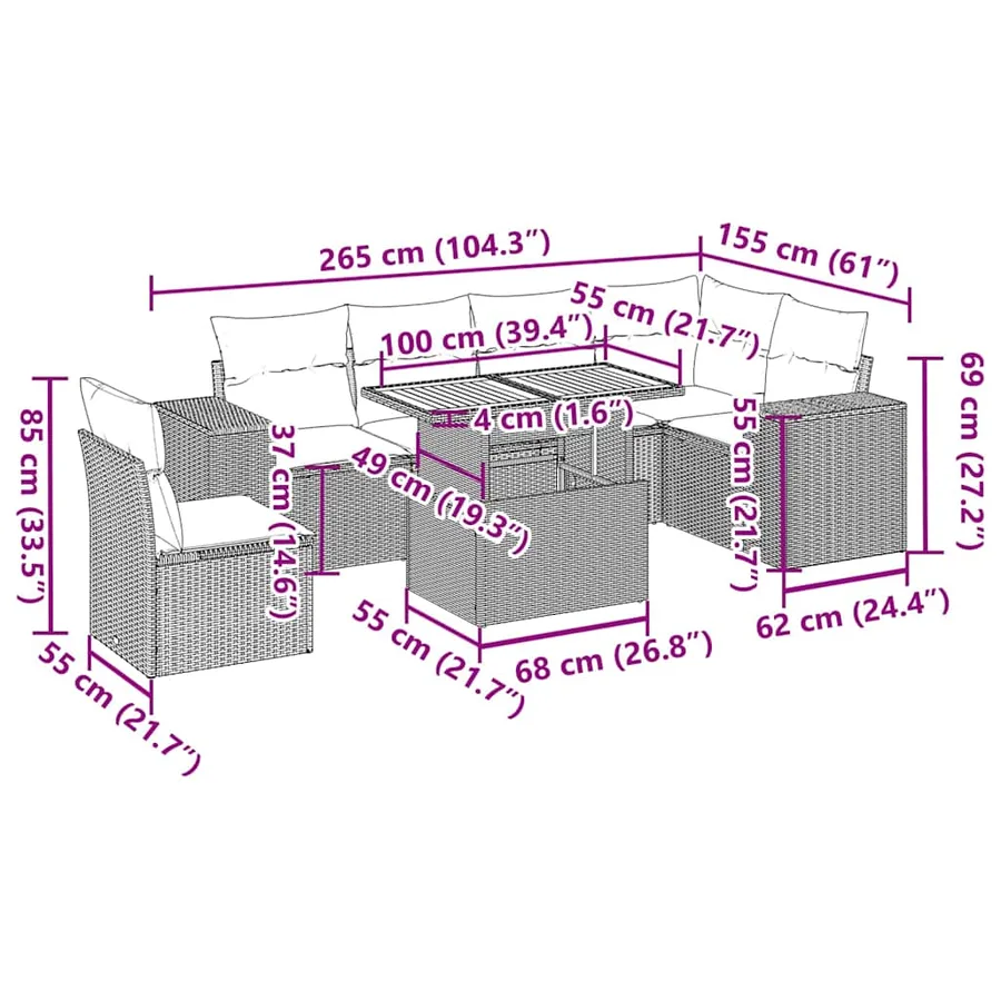 Salon de jardin 7 pcs avec coussins noir résine tressée 62 x 62 x 69 cm - 68,6 kg - 16
