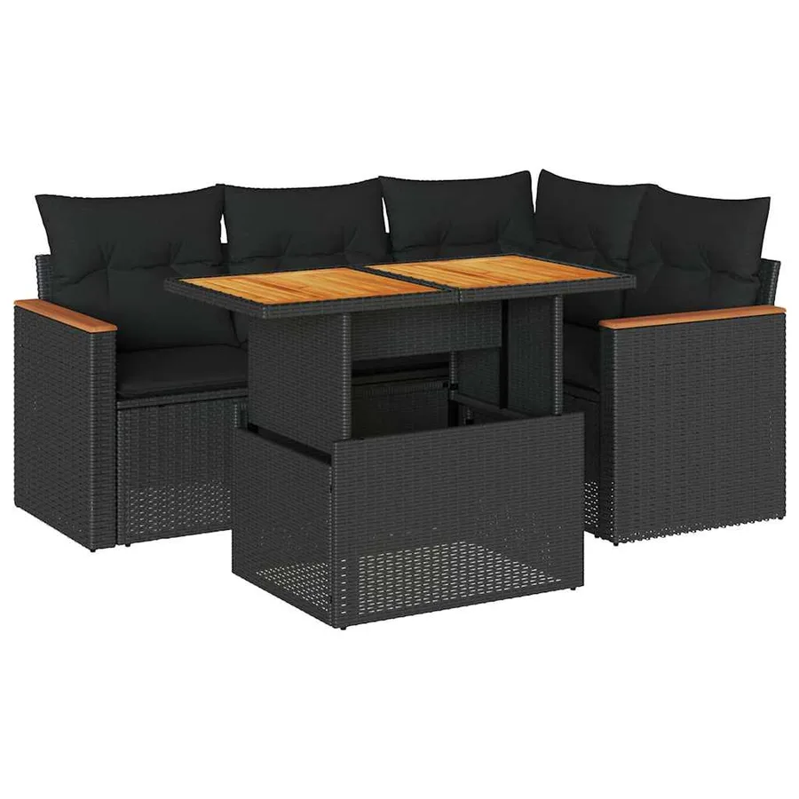 Salon de jardin 5 pcs avec coussins noir résine tressée acacia - 2