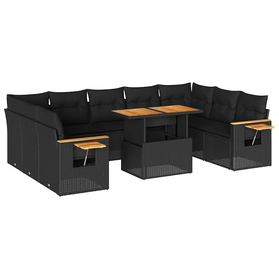 Salon de jardin 10 pcs avec coussins noir résine tressée acacia - 2