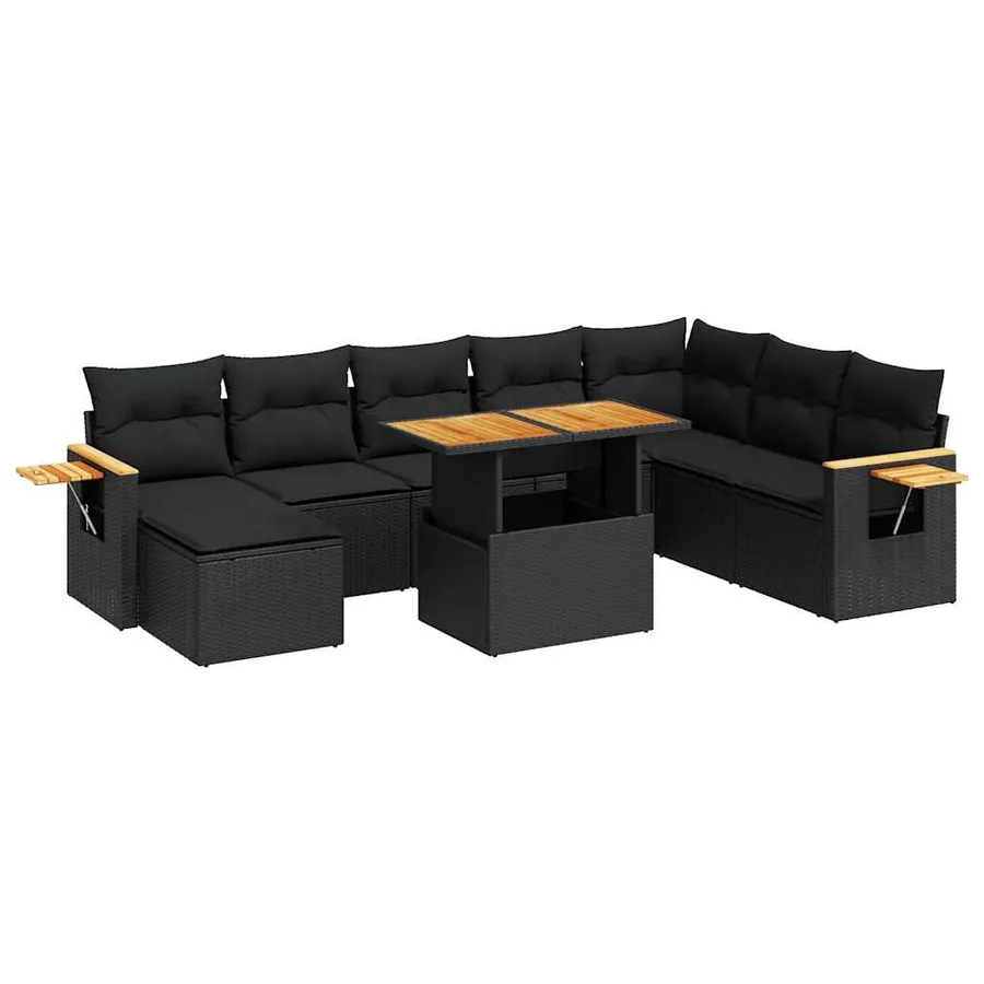 Salon de jardin avec coussins 9 pcs noir résine tressée acacia - 2