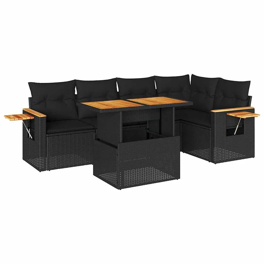 Salon de jardin 6 pcs avec coussins noir résine tressée acacia - 2