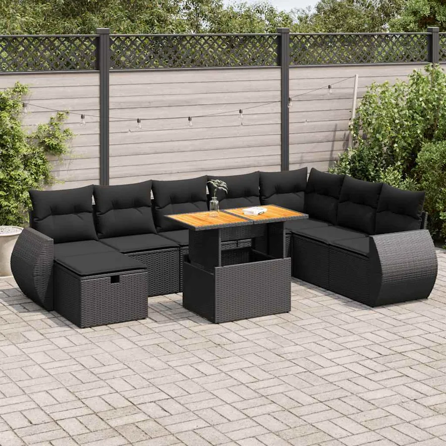 Salon de jardin avec coussins 9 pcs noir résine tressée acacia