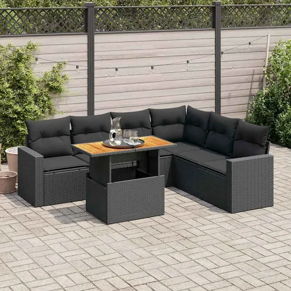 Salon de jardin 7 pcs avec coussins noir résine tressée 62 x 62 x 69 cm - 65,2 kg