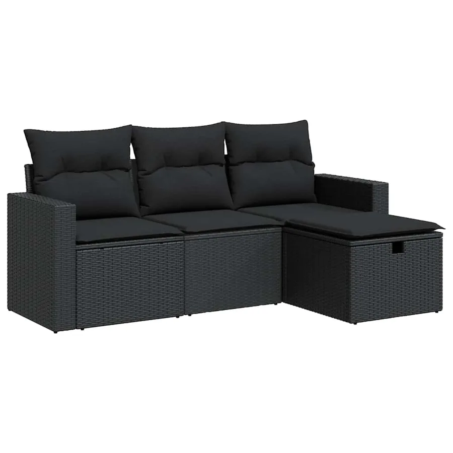 Salon de jardin 4 pcs avec coussins noir résine tressée - 2