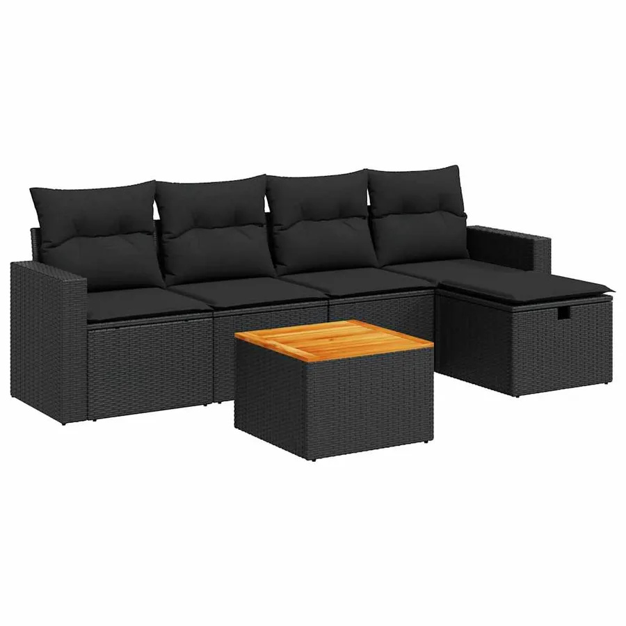 Salon de jardin 6 pcs avec coussins noir résine tressée - 2