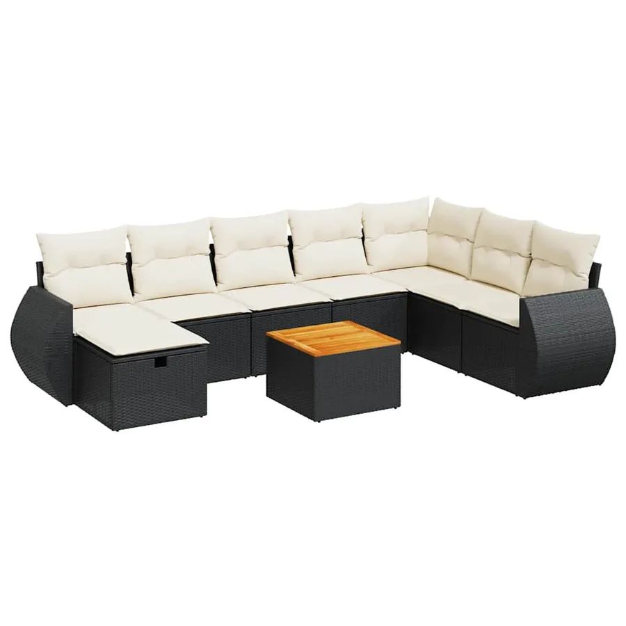 Salon de jardin 9 pcs avec coussins noir résine tressée - 2