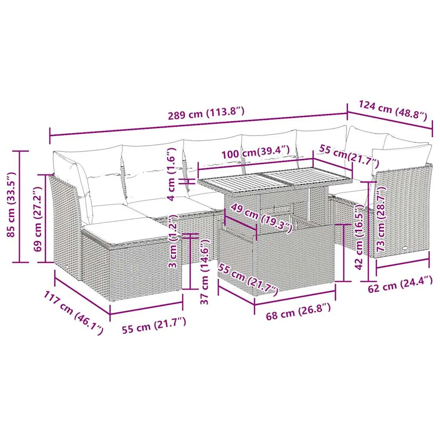 Salon de jardin 8 pcs avec coussins gris résine tressée - 14