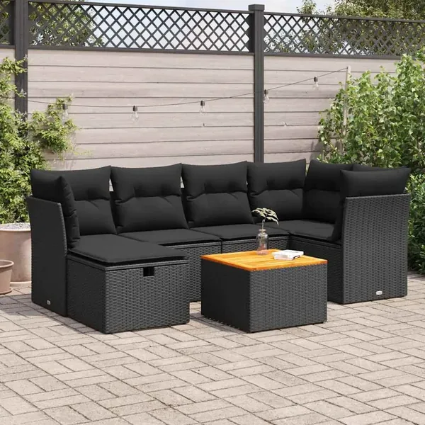 Salon de jardin 7 pcs avec coussins noir résine tressée 62 x 62 x 69 cm - 59,8 kg
