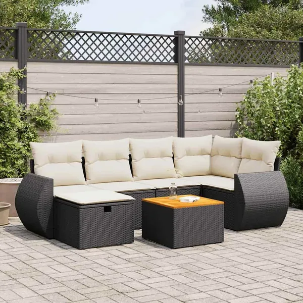 Salon de jardin 7 pcs avec coussins noir résine tressée 71 x 62 x 69 cm - 59,6 kg