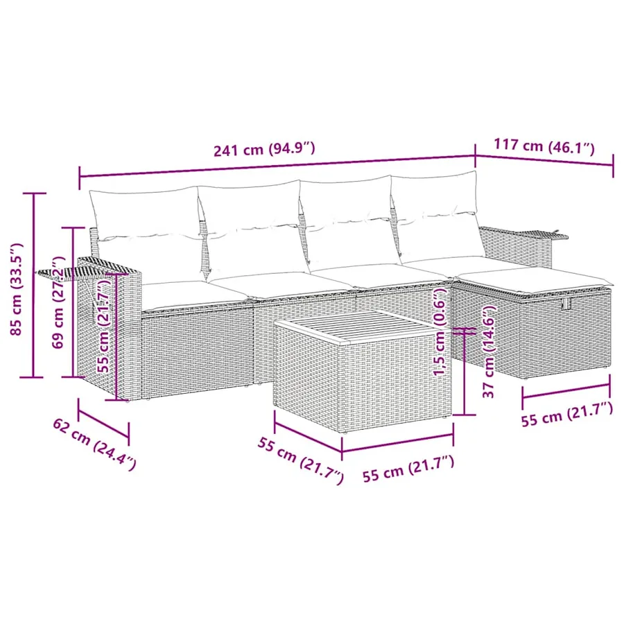 Salon de jardin 6 pcs avec coussins noir résine tressée - 13