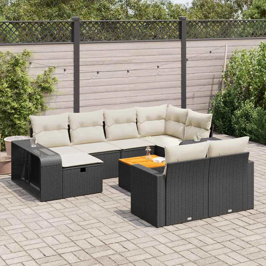 Salon de jardin 11 pcs avec coussins noir résine tressée