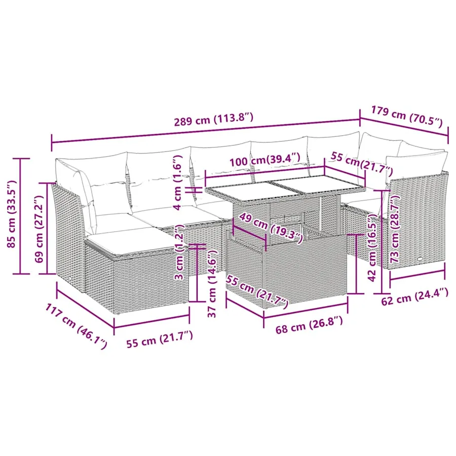 Salon de jardin 8 pcs avec coussins gris résine tressée - 14