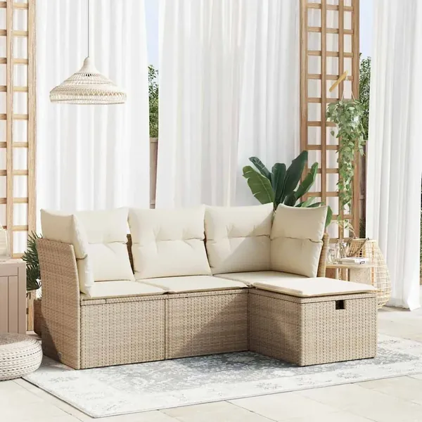 Salon de jardin avec coussins 4 pcs beige résine tressée