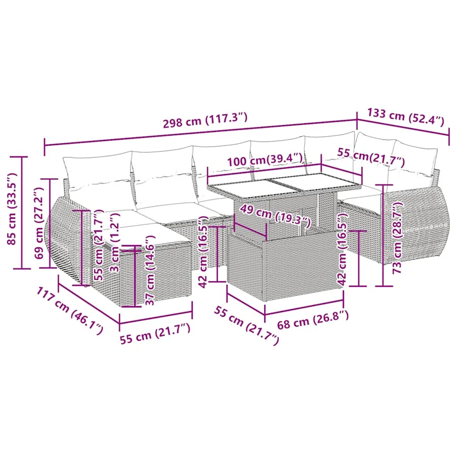 Salon de jardin 8 pcs avec coussins gris résine tressée - 17
