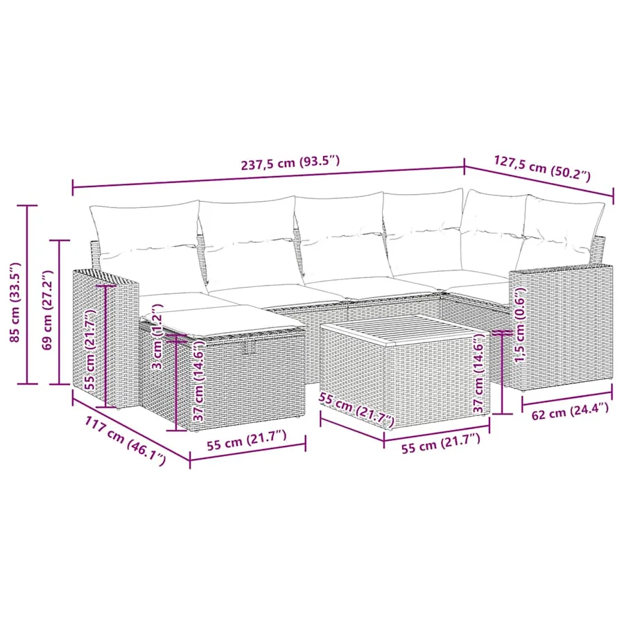 Salon de jardin 7 pcs avec coussins noir résine tressée 65,5 x 62 x 69 cm - 59,4 kg - 15