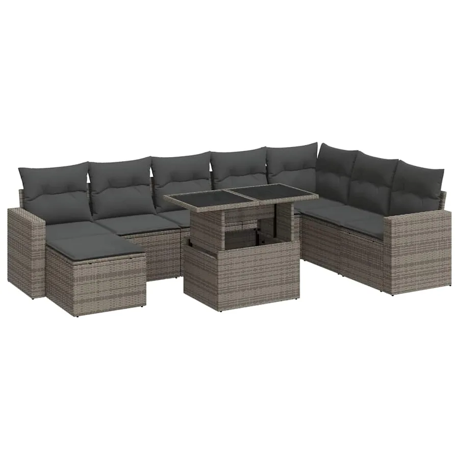 Salon de jardin 9 pcs avec coussins gris résine tressée - 2