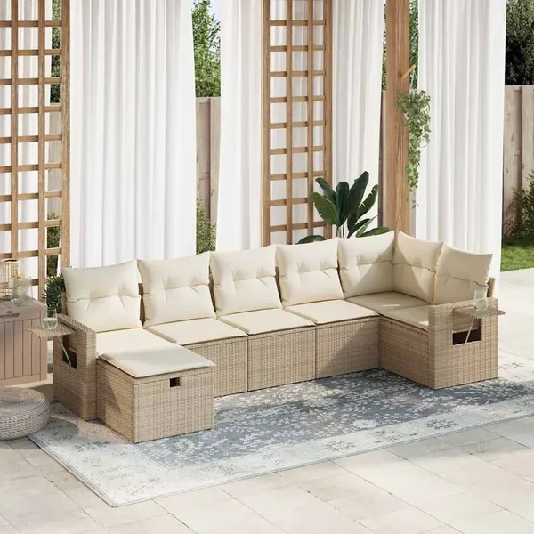 Salon de jardin avec coussins 7 pcs beige résine tressée