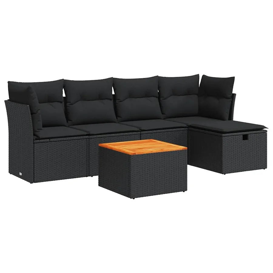 Salon de jardin 6 pcs avec coussins noir résine tressée - 2