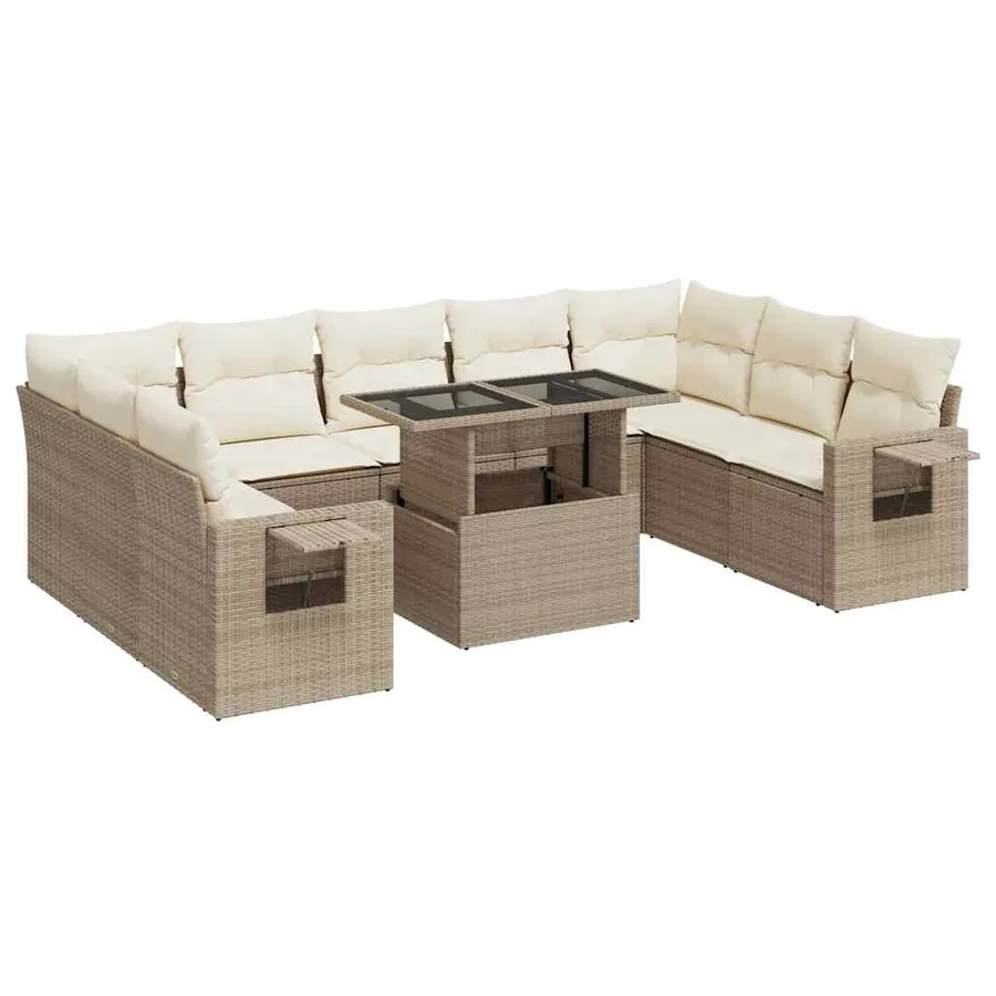 Salon de jardin avec coussins 10 pcs beige résine tressée - 2