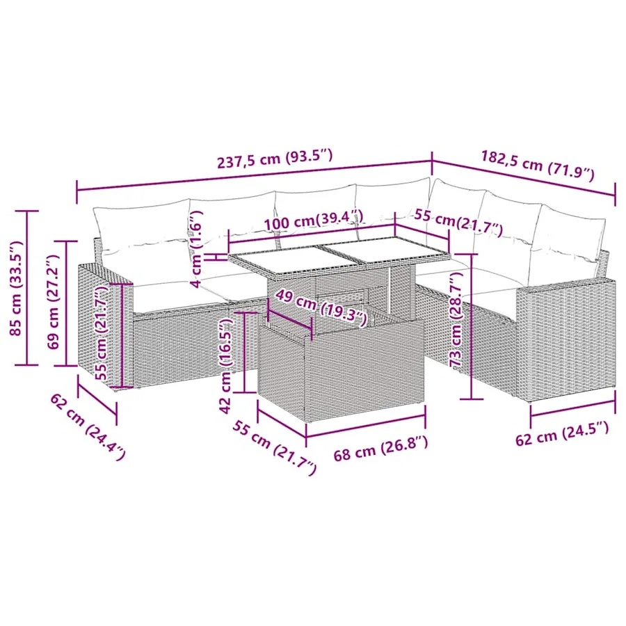 Salon de jardin avec coussins 7 pcs gris résine tressée - 14