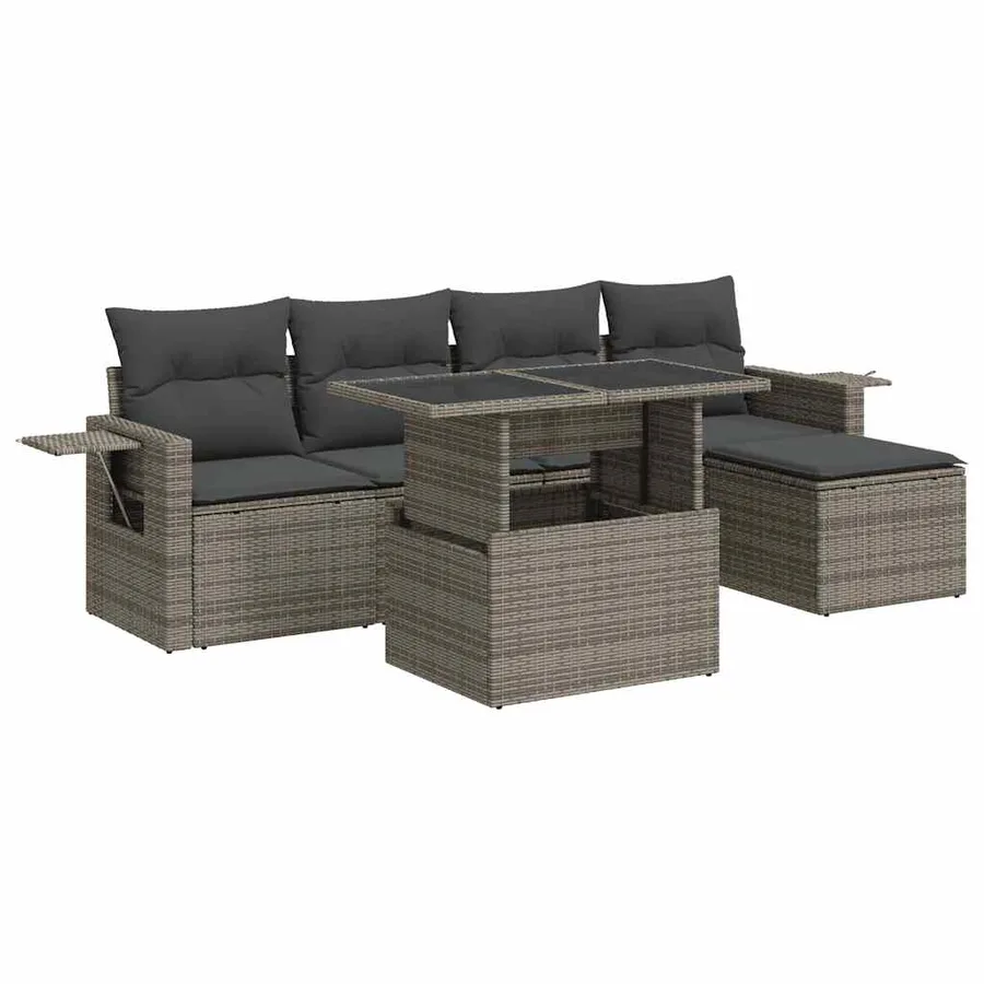 Salon de jardin 6 pcs avec coussins gris résine tressée - 2