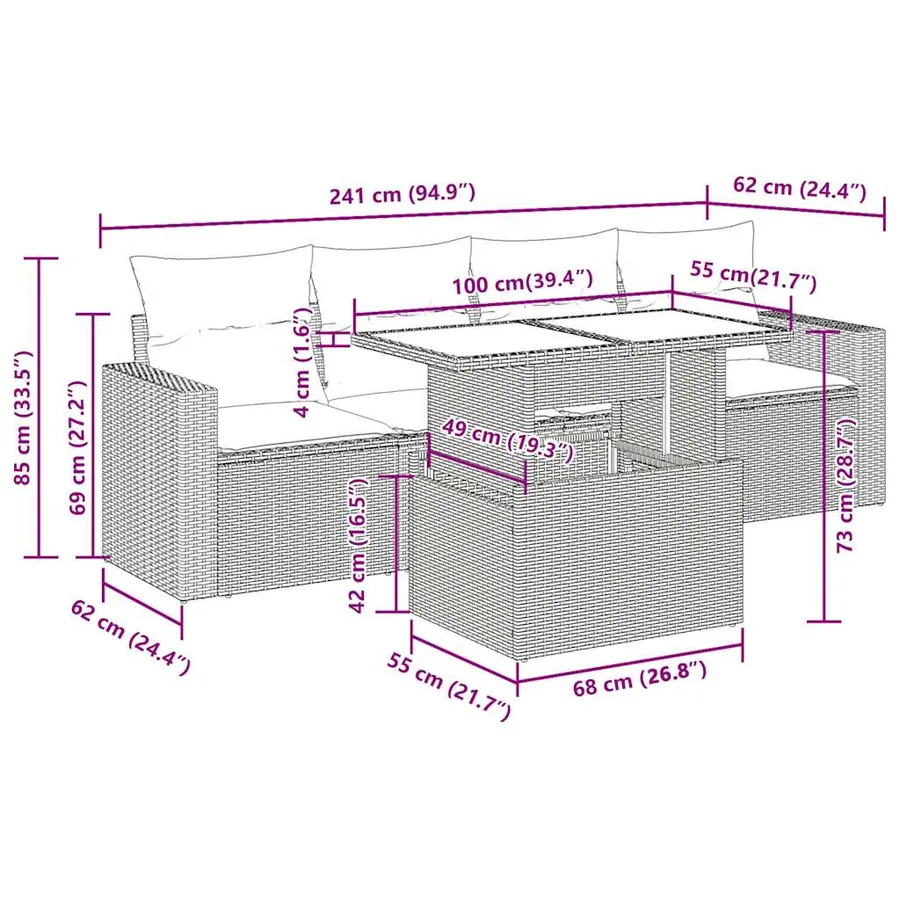 Salon de jardin 5 pcs avec coussins gris résine tressée - 11