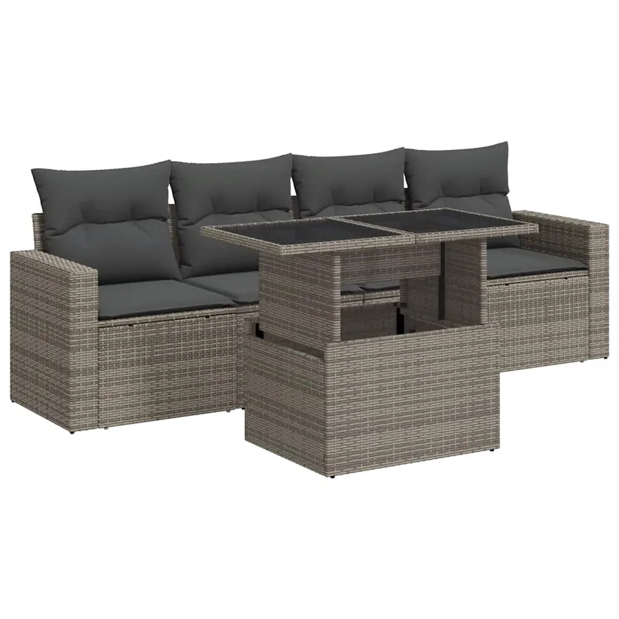 Salon de jardin 5 pcs avec coussins gris résine tressée - 2