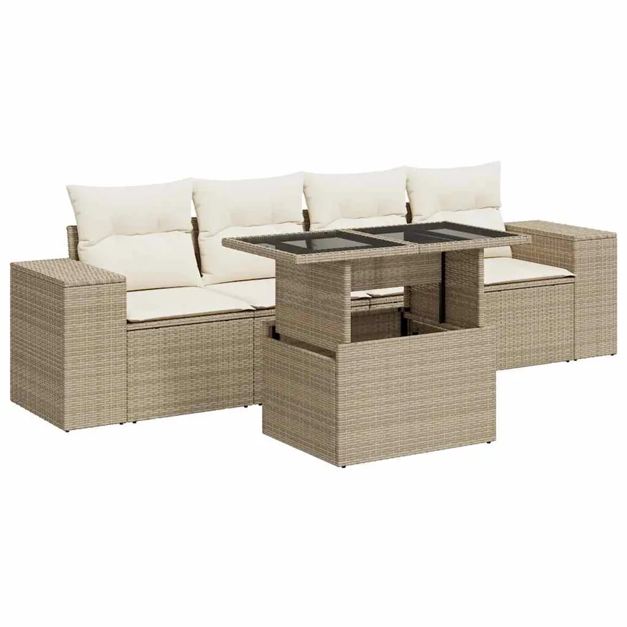 Salon de jardin avec coussins 5 pcs beige résine tressée - 2