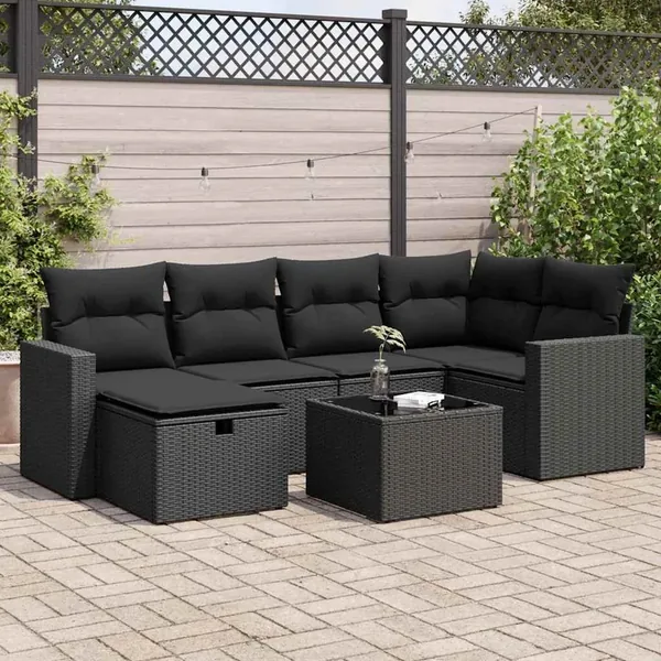 Salon de jardin 7 pcs avec coussins noir résine tressée 65,5 x 62 x 69 cm - 59,2 kg