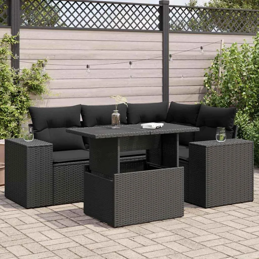 Salon de jardin 5 pcs avec coussins noir résine tressée