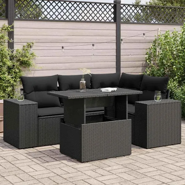 Salon de jardin 5 pcs avec coussins noir résine tressée