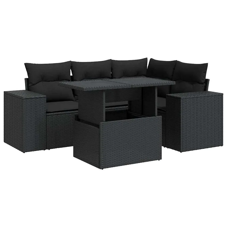 Salon de jardin 5 pcs avec coussins noir résine tressée - 2