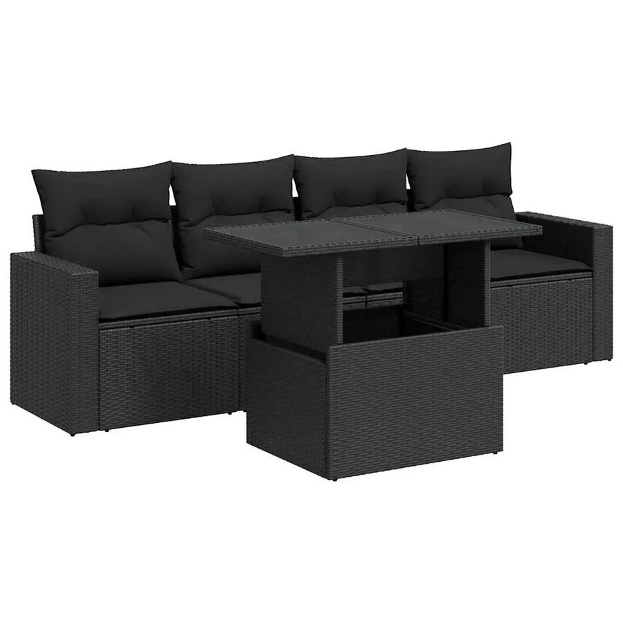 Salon de jardin 5 pcs avec coussins noir résine tressée - 2