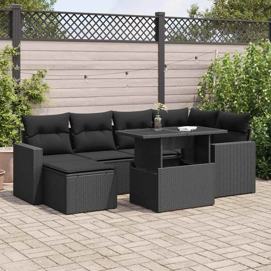 Salon de jardin 7 pcs avec coussins noir résine tressée 55 x 62 x 69 cm - 66,8 kg