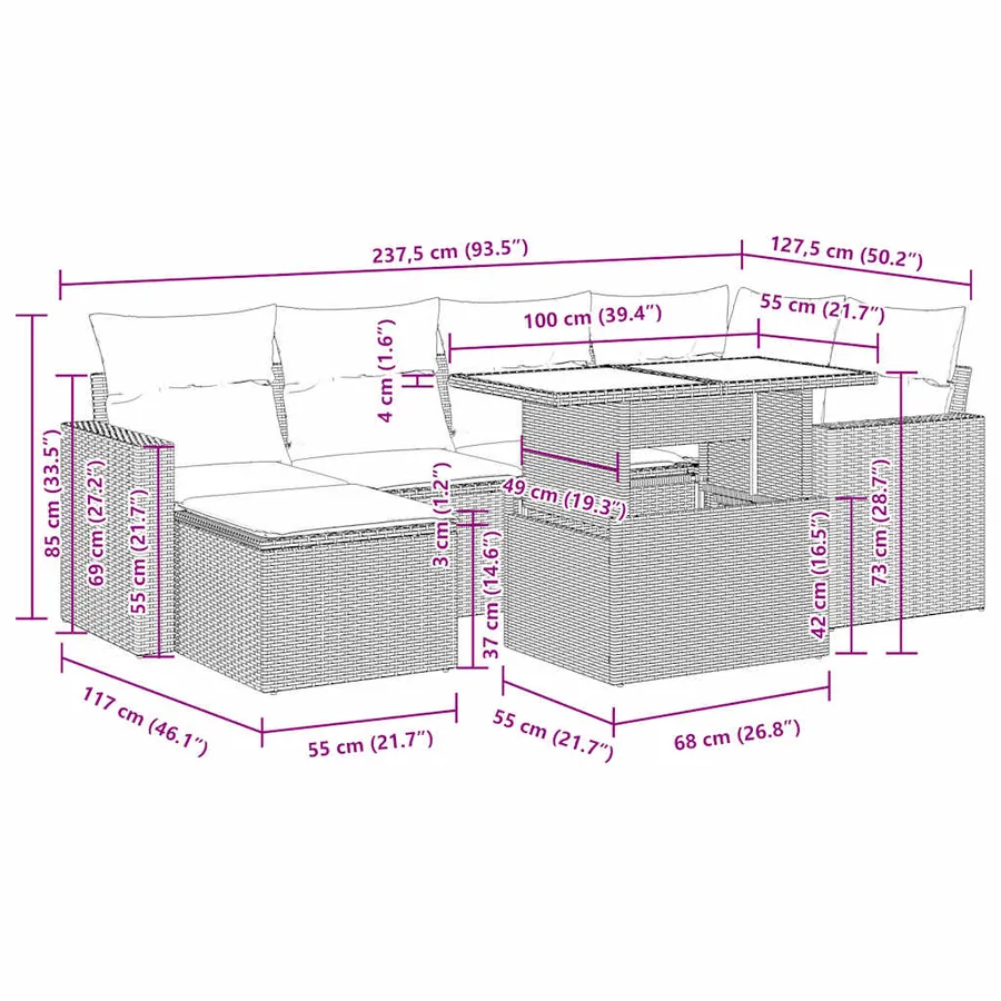 Salon de jardin 7 pcs avec coussins noir résine tressée 55 x 62 x 69 cm - 66,8 kg - 16