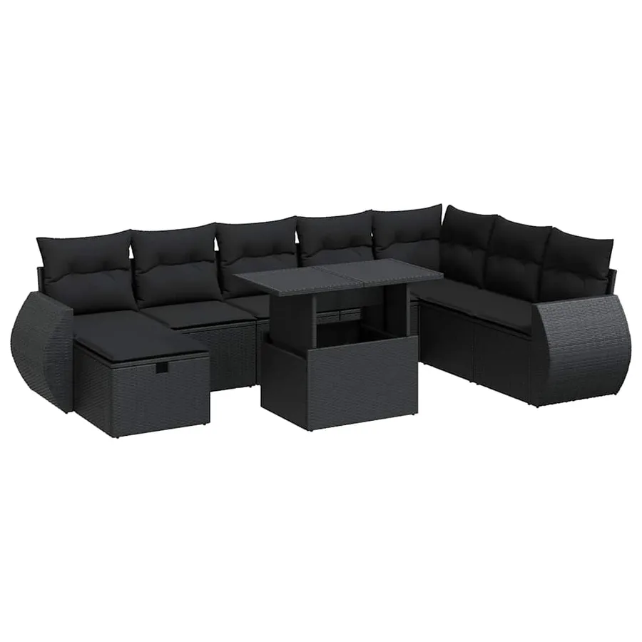 Salon de jardin 9 pcs avec coussins noir résine tressée - 2
