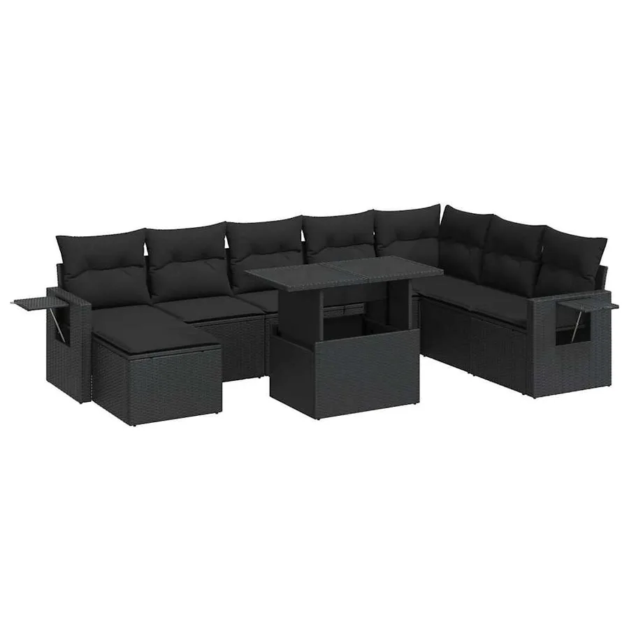 Salon de jardin 9 pcs avec coussins noir résine tressée - 2