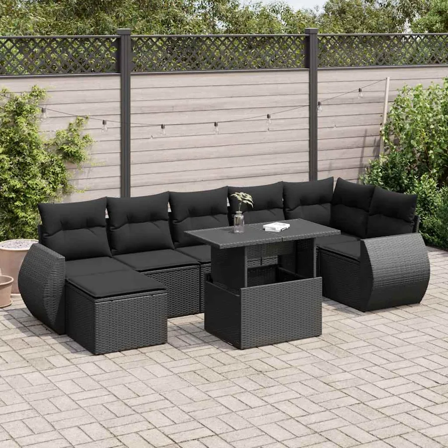 Salon de jardin 8 pcs avec coussins noir résine tressée