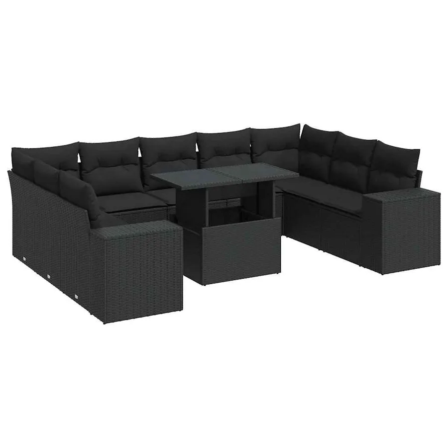 Salon de jardin 10 pcs avec coussins noir résine tressée - 2