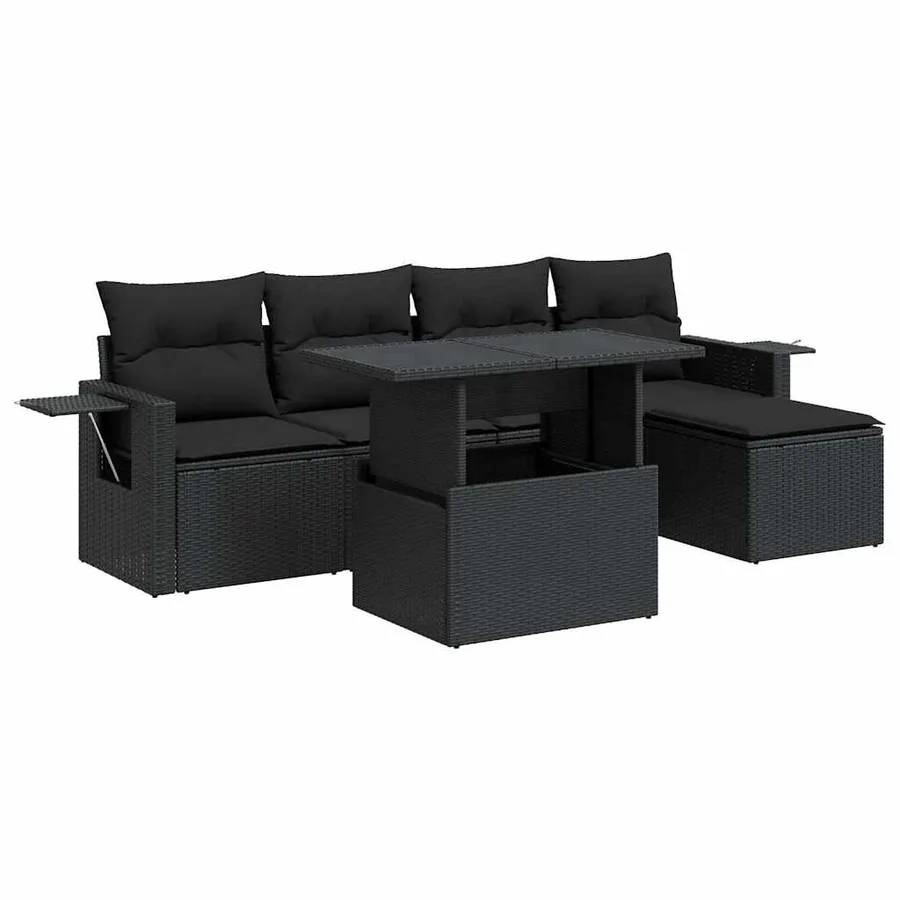 Salon de jardin 6 pcs avec coussins noir résine tressée - 2